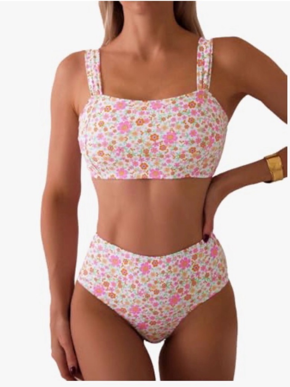 Floral High-Waist Bikini Set in Pink & Cream Size M